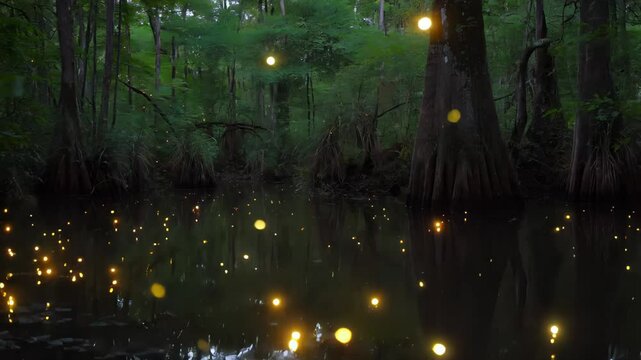 Experience the enchanting glow of fireflies lighting up the dark swamp at night in a magical natural setting, This captivating nightlife moment showcases the beauty of nature's magic after sunset.