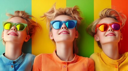 Three teenage girls wearing sunglasses lying down on colorful background