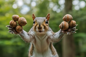 Obraz premium Playful squirrel offers autumn acorns outdoors