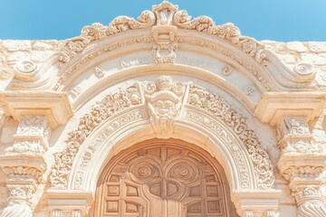 Obraz premium Detailed Architecture of the Alamo Under a Bright Blue Sky Captures Historic Charm in Minimalist Design