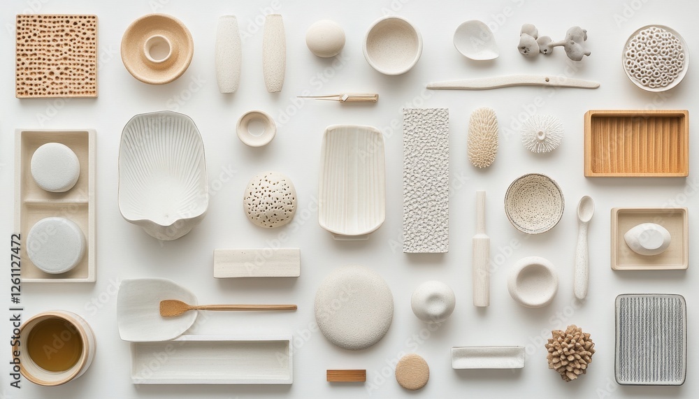 Poster collection of minimalist ceramic objects arranged on a white background showcasing various shapes an