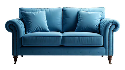Fototapeta premium Blue velvet sofa has a modern, simple design isolated on transparent background
