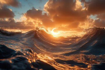 Partial Solar Eclipse Glimmers Over Ocean Waves During Vibrant Sunset