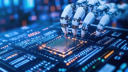 Obraz premium A cleanroom factory scene with robotic precision cutting of semiconductor materials.