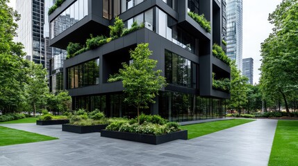 Modern green building, city park, sustainable design, urban landscape, architectural photography