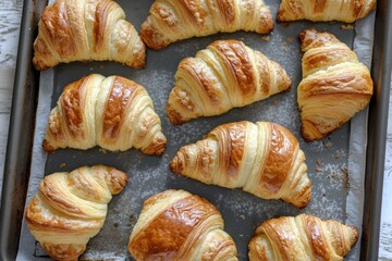 Fototapeta premium Raw croissants are neatly placed on a baking tray, waiting to be baked. Their buttery layers are visible, promising a flaky texture and a rich aroma once baked