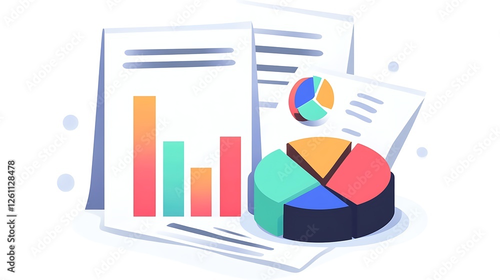Poster colorful 3d bar and pie charts on a paper with graphs in a modern office setting, a colorful bar gra