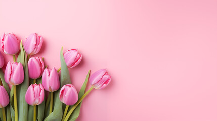 Bouquet de tulipes roses, sur un fond de couleur rose pâle. Nature, fleur, printemps. Avec espace vide de composition, pour conception et création graphique.