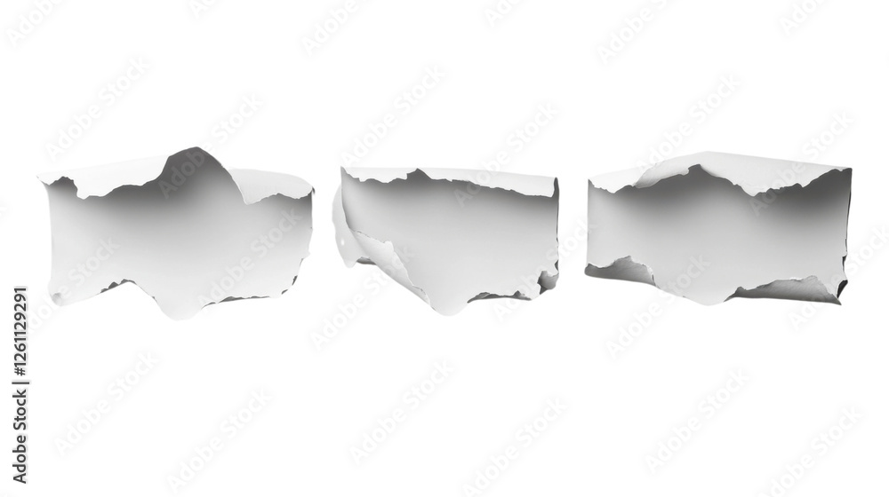 Poster set of torn paper pieces with transparent background showing checkered pattern