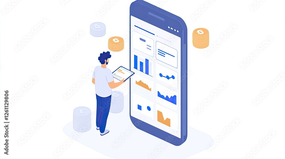 Poster entrepreneur tracking cryptocurrency prices on a mobile device with blockchain financial graphics.