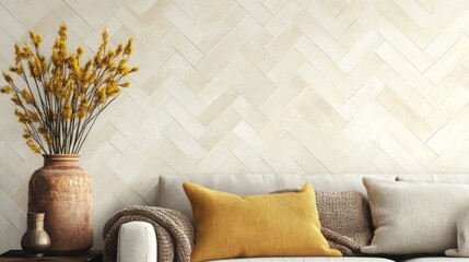 Beige herringbone wall interior design
