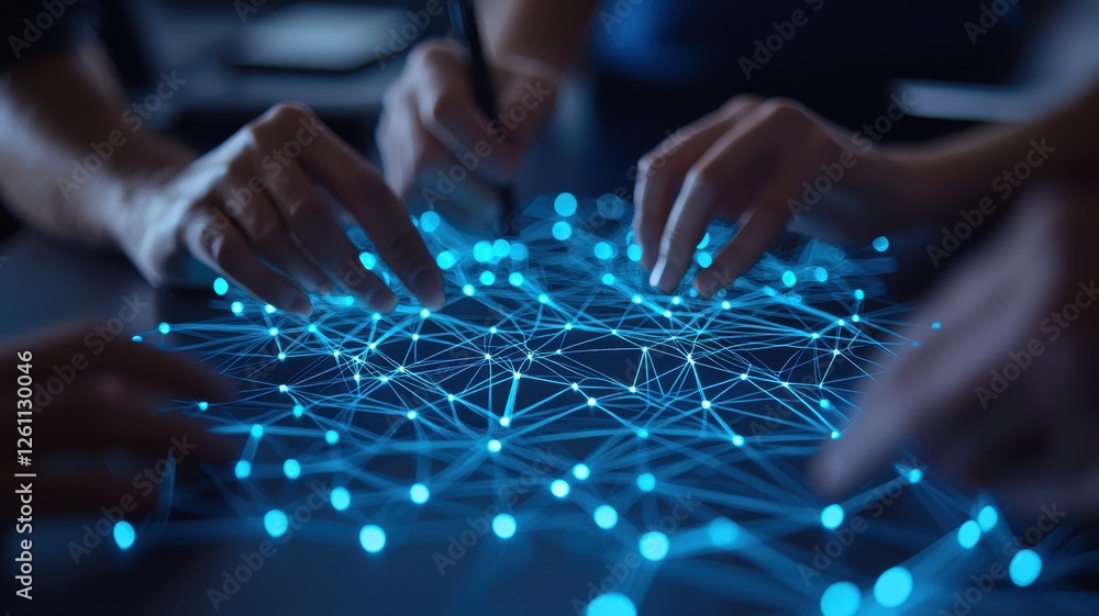 Aufkleber business leadership and scalability. hands interacting with a glowing, interconnected network of poi
