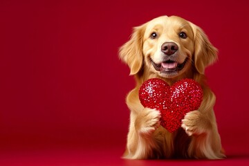 Digital ads creative. Golden retriever - my cherished dog. Cute golden retriever doggy with sparkling rhinestones red heart - emblem of love, funny greeting card. Pet valentine card designs.