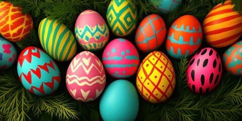 Fototapeta premium Colorful painted easter eggs on green grass background festive decoration nature close-up view holiday spirit