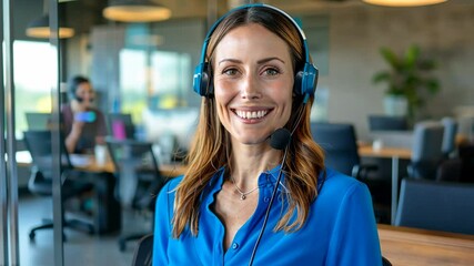 Smiling customer service representative in a modern office setting wearing a headset, conveying professionalism and approachability, with coworkers in the background engaged in work