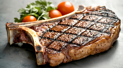 A steak is on a plate with a few cherry tomatoes and parsley. generated using AI