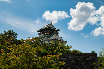 Frame photograph of the reconstructed Osaka Castle, a Japanese castle located in Osaka, Japan. 
