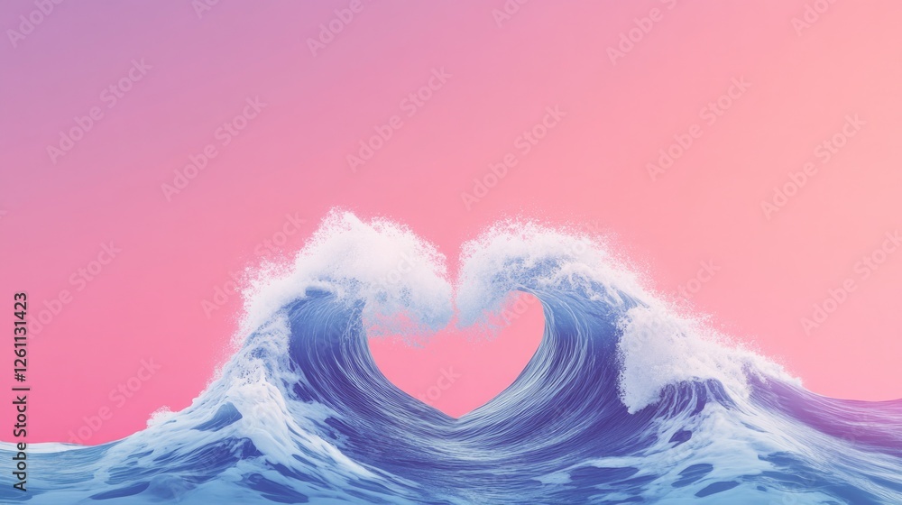 Poster abstract illustration of waves converging to form heart shape surrounded by vibrant gradients and wi