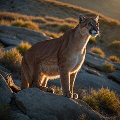 Fototapeta premium Majestic Cougar in Forest Setting Cougar and its cub in the wild. Agile mountain lion leaping through rocky terrain Majestic Cougar in the Forest: A Wild Cat Portrait