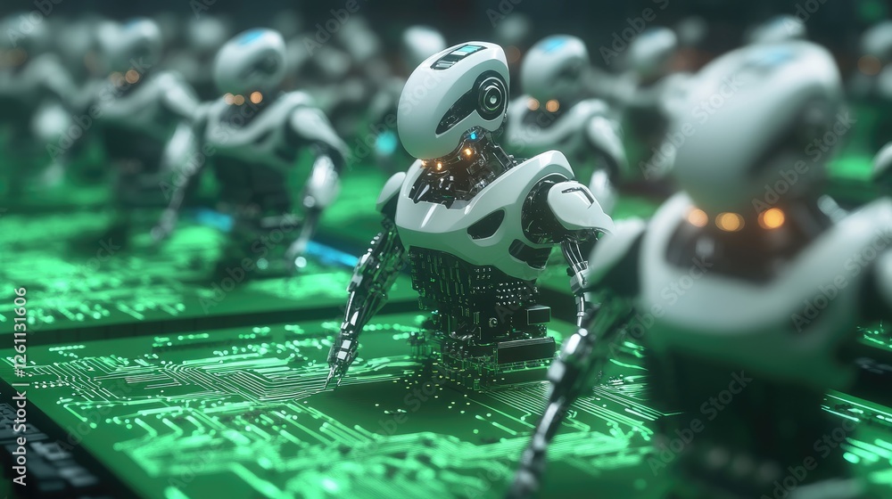 Poster pcb assembly with robotic automation placing micro components on a green board.