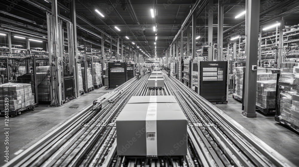 Poster modern fulfillment center featuring robotic technology handling package distribution.