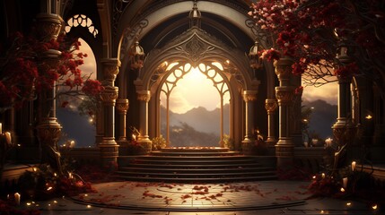 Obraz premium Majestic golden archway palace view romantic sunset landscape 3d red art dark stone royal gothic