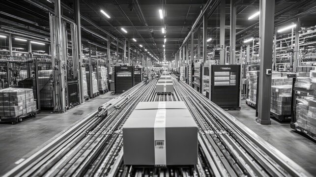 Modern fulfillment center featuring robotic technology handling package distribution.