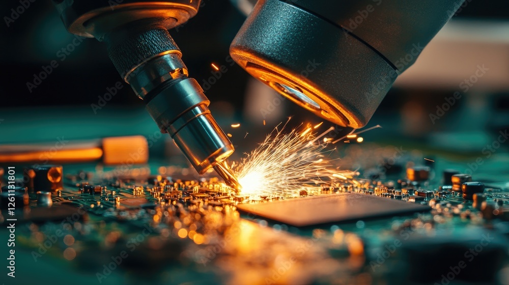 Aufkleber pcb soldering process under a microscope with glowing sparks and precision tools.