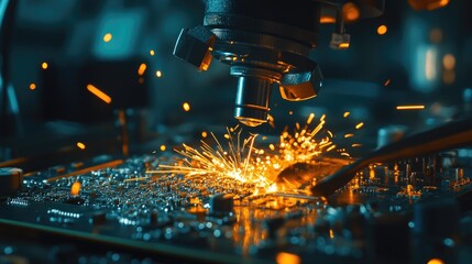PCB soldering process under a microscope with glowing sparks and precision tools.