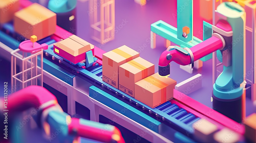 Poster smart logistics system with multiple robotic arms moving boxes along an automated conveyor belt.