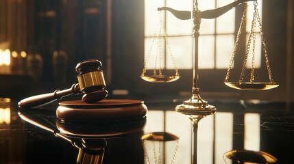  Wooden judge's gavel and brass scales of justice in a courtroom, concept of law and justice