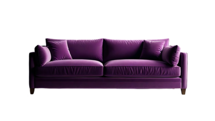 A luxurious, modern sofa is featured in a bold purple color includes plush cushions and a sleek, minimalist frame suitable for lifestyle or home decor concept