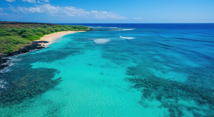 Obraz premium Turquoise water meets golden sand under a clear blue sky, showcasing a tranquil coastal landscape in a tropical setting