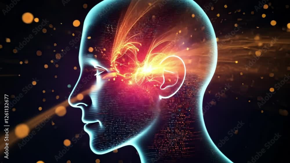 Poster human face emerging from a flowing stream of binary code, representing the concepts of artificial in