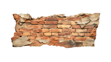 Crumbling brick wall section with transparent background showing decay and damage