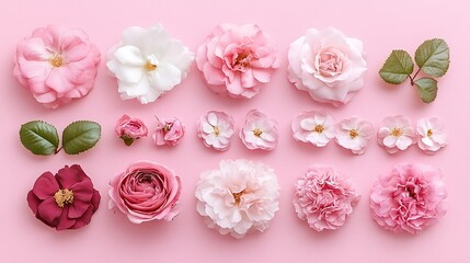 Pink rose varieties flat lay on pink background; floral arrangement for greeting cards