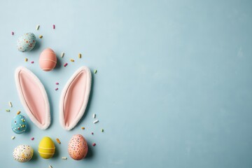 Easter celebration festive setting top view colorful bunny ears and eggs spring vibes holiday fun