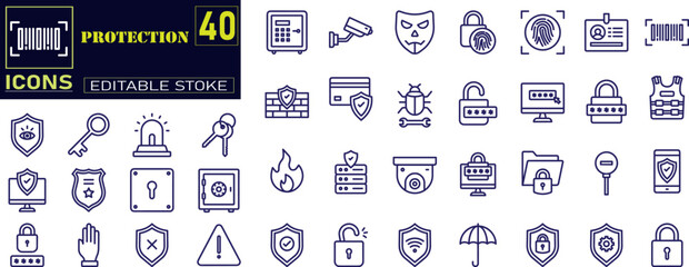 Set of outline icons related to protection. ncludes barrier, dust mask, elbow pads, safety harness, helmet, and More. Outline icons vector