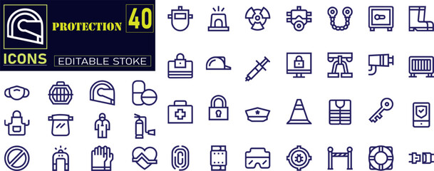 Set of outline icons related to protection. ncludes barrier, dust mask, elbow pads, safety harness, helmet, and More. Outline icons vector