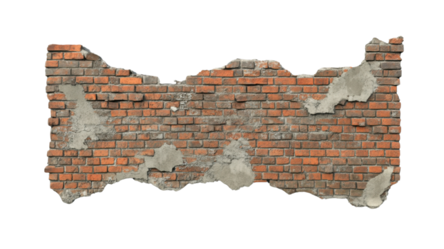 Section of ruined red brick wall with mortar on transparent background - Powered by Adobe