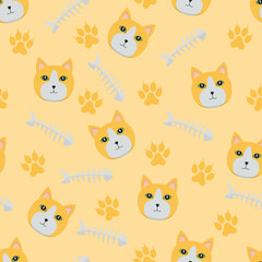 Orange Street Cat Pattern - Orange Cat Heads, Fish Skeletons and Paws on Orange Background. Seamless Link.