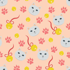 White Cat Pattern - White Cats Heads, Bells and Paws on Pink Background. Seamless Link.