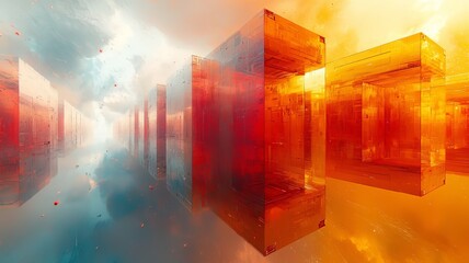 Naklejka premium Abstract vibrant glass structures reflecting light in a surreal landscape, creating a captivating visual experience for modern design and art projects.