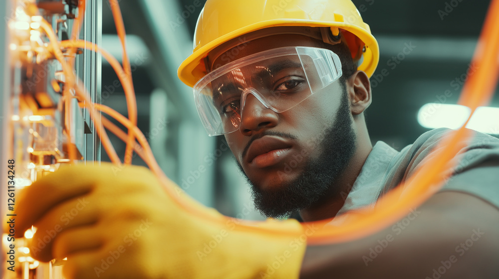 Poster a bearded electrical engineer in a red helmet working with a complex wiring system.