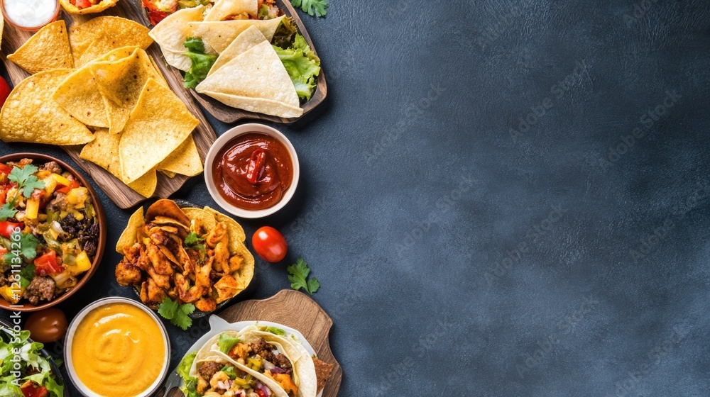 Poster overhead view of vibrant food table with diverse dishes captured in soft lighting with generous copy
