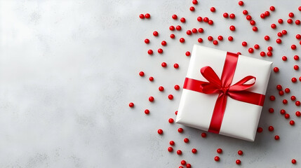 Obraz premium White gift box, red ribbon, candies, grey background; Valentine's Day greeting