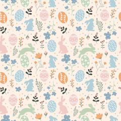 This vibrant design features playful bunny illustrations, decorated Easter eggs, and delicate floral motifs on a soft pastel background, perfect for seasonal themes. - obrazy, fototapety, plakaty