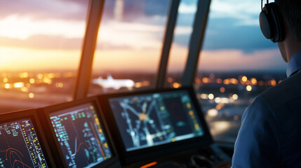 An air traffic controller in a modern tower monitoring a departing airplane at sunset.
