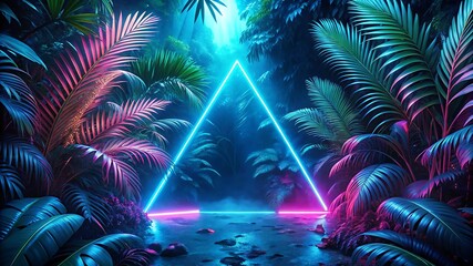 Futuristic neon triangle glowing in cyan blue, set against a dark tropical jungle background with exotic leaves and moody cyberpunk-inspired lighting
