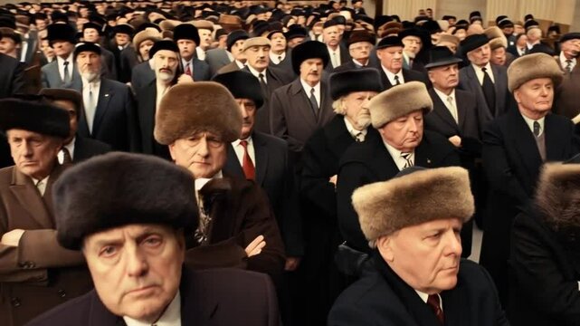 many elderly people in suits and winter fur hats stand sadly in a huge hall.